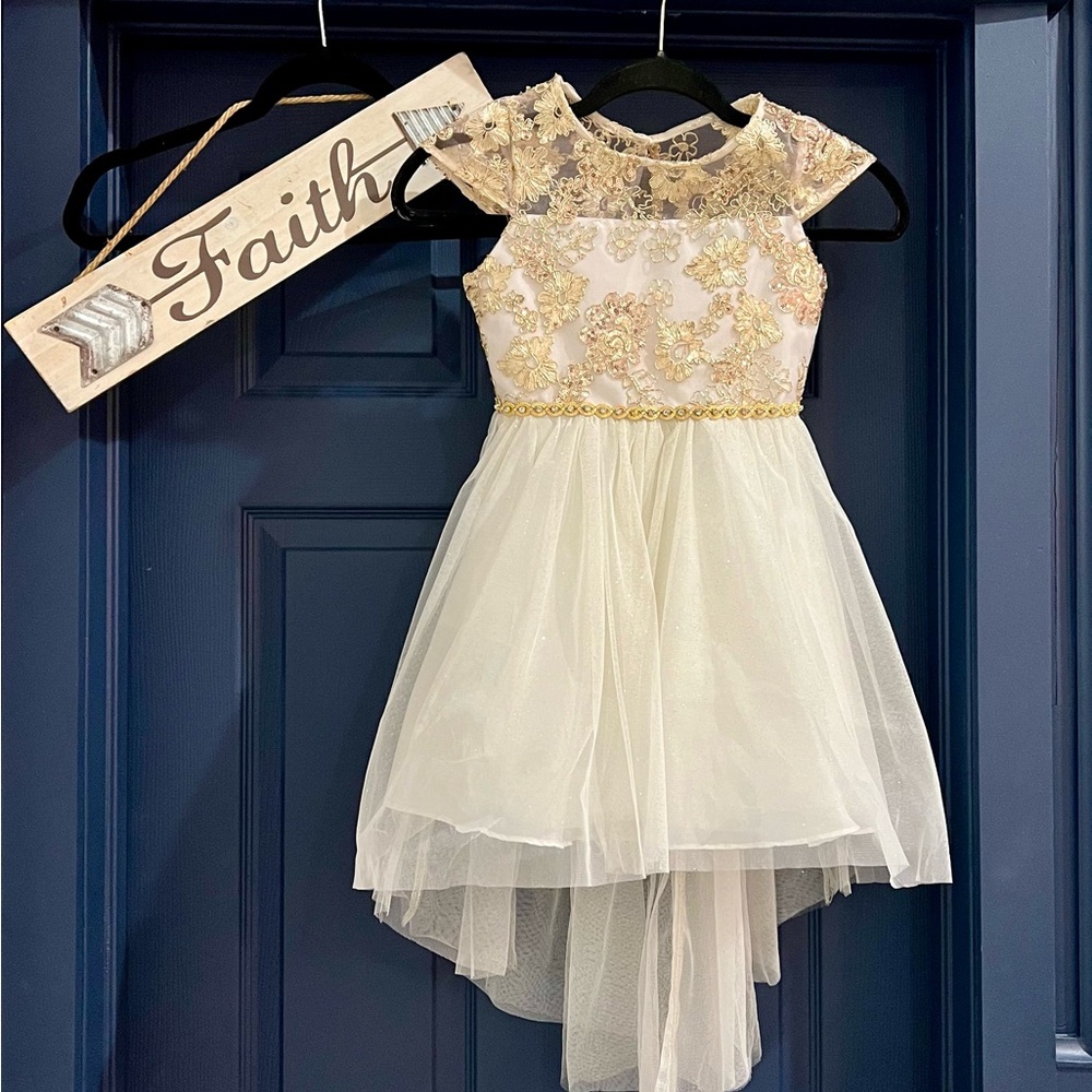 Rare Editions White and Gold Embellished Formal Dress